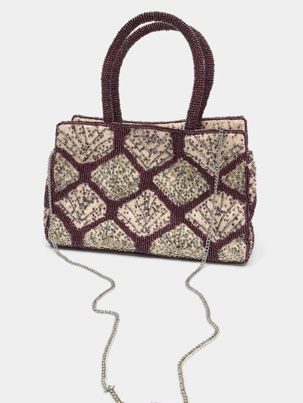 Zara Beaded Tote in Cream and Plum
